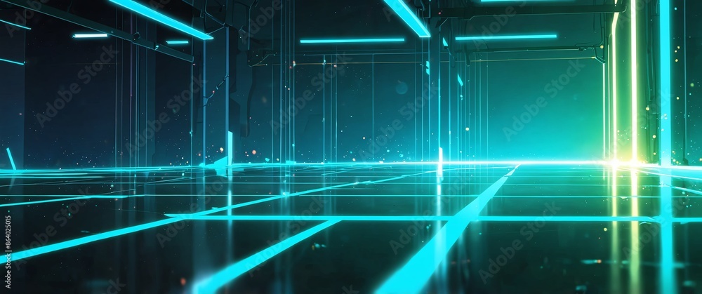 Aufkleber teal tech neon light path theme abstract background with copy space for banner