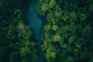 horizontal aerial drone view of a river flowing through a tropical rainforest