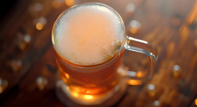 Looking up at the drinker through the bottom of a full glass mug of beer.