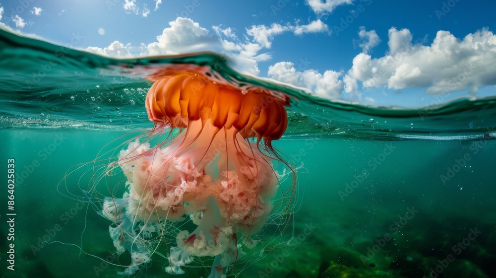 Wall mural Jellyfish is swimming in the water with blue background. Colorful jellyfish are moving under the sea