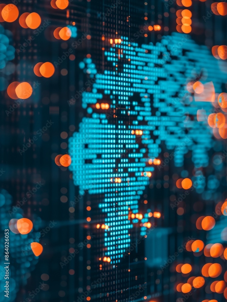 Aufkleber abstract world map with orange bokeh lights - digital network concept.