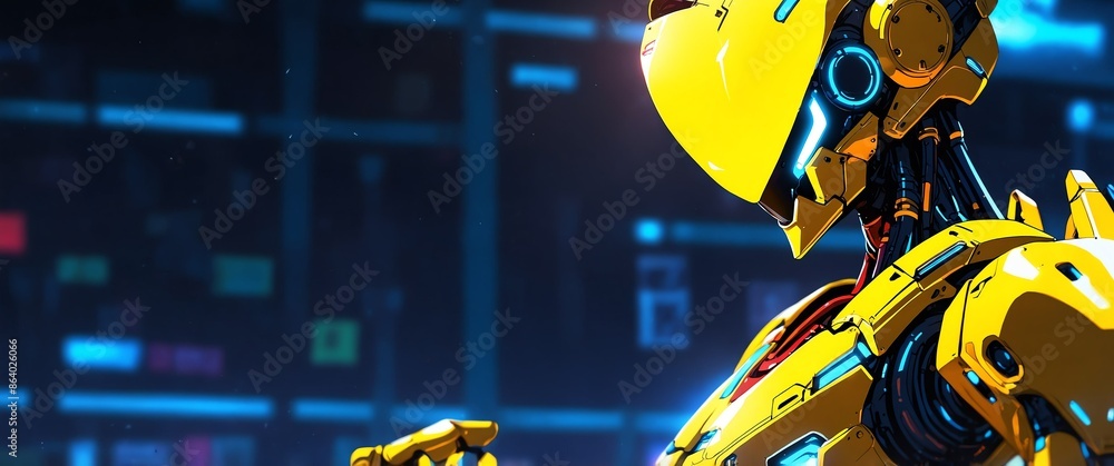 Poster yellow android humanoid robot neon light theme abstract background with copy space for banner