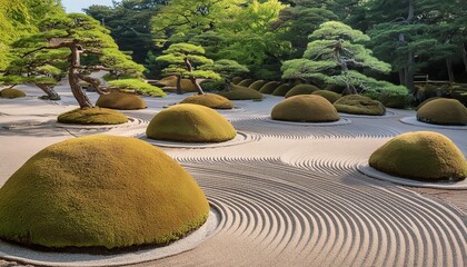Portray the serene beauty of a Japanese zen garden, with raked gravel and moss-covered stones.