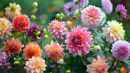 Vibrant Dahlia Garden in Full Bloom with Multicolored Flowers