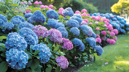 Lush Hydrangea Flower Garden with Vibrant Pink and Blue Blossoms