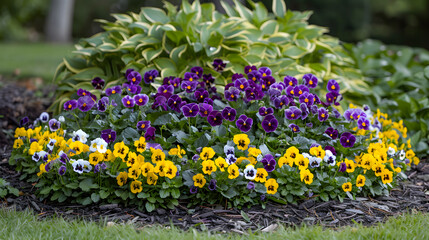 Vibrant Pansy Flower Bed with Purple, Yellow, and White Blooms..