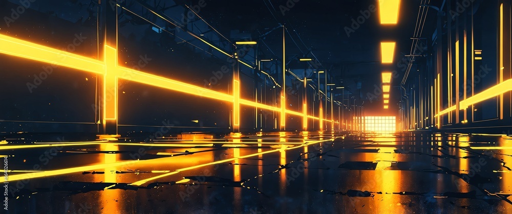 Aufkleber yellow tech neon light path theme abstract background with copy space for banner