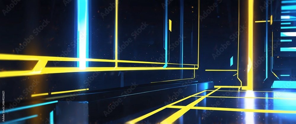 Poster yellow tech neon light path theme abstract background with copy space for banner