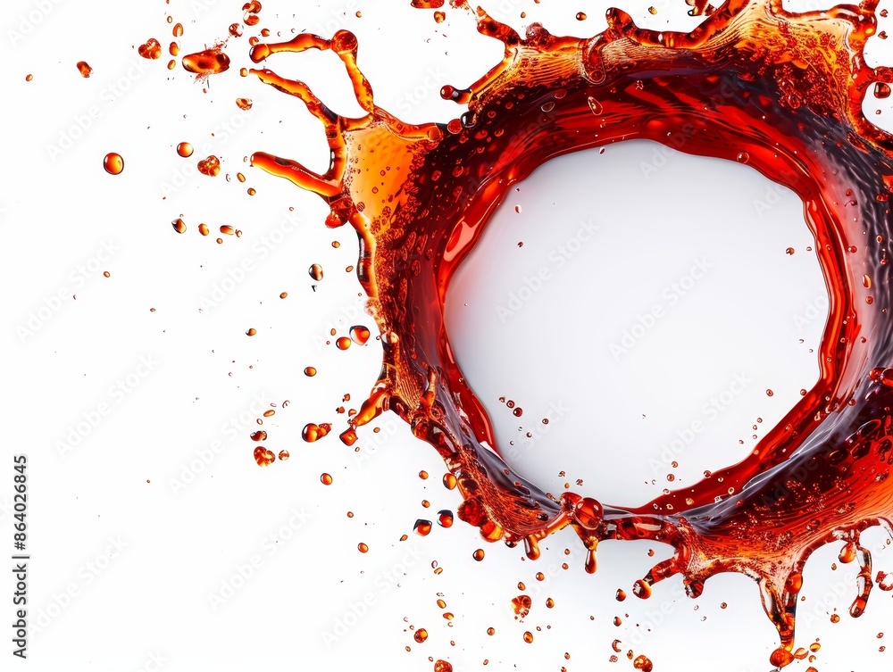 Poster abstract splash of red liquid forming a circle with drops on white background.