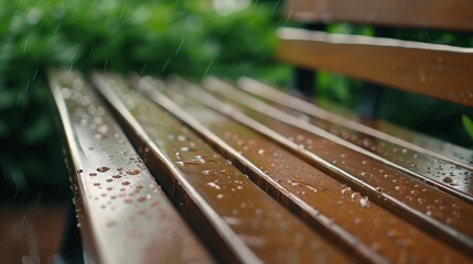 Fototapeta premium Wooden bench in a tranquil park, sparkling with dewdrops, surrounded by greenery, serene and calming ambiance, detailed textures