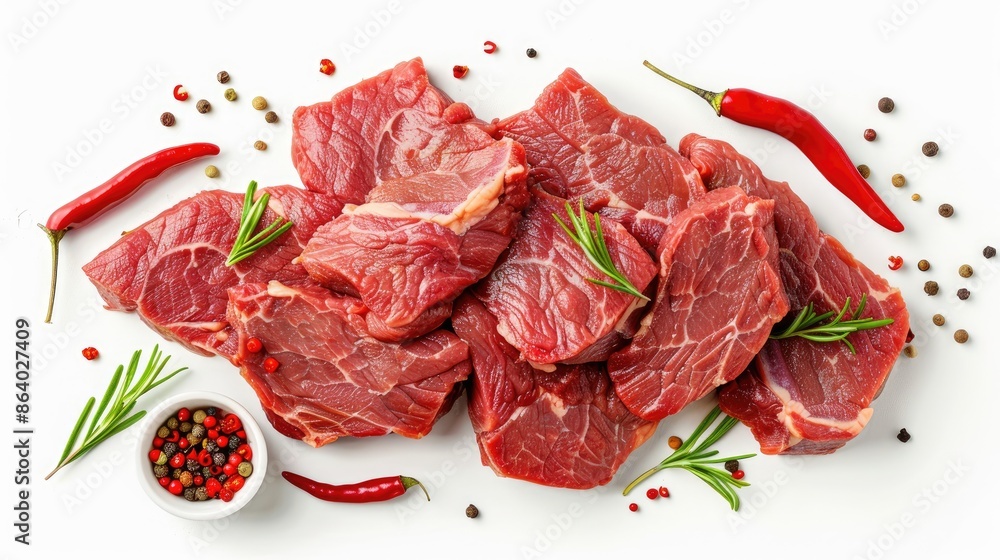 Poster raw beef slices and items isolated on white background viewed from the top