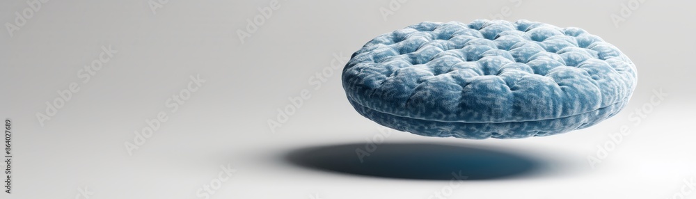 Poster abstract 3d render of a blue and white textured round object floating in white space.