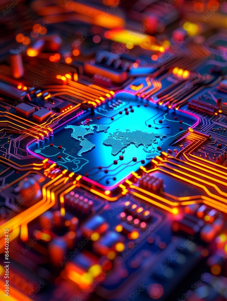Poster global network - abstract world map embedded in circuit board.