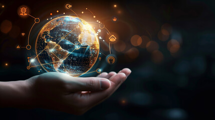 Hand holding a glowing digital globe with network connections