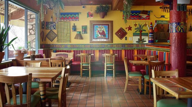 Modern Mexican restaurant interior. Mexicans are fond of bright colors, but they do like rustic elements too. The combination of rustic elements and bright displays is unique and interesting.