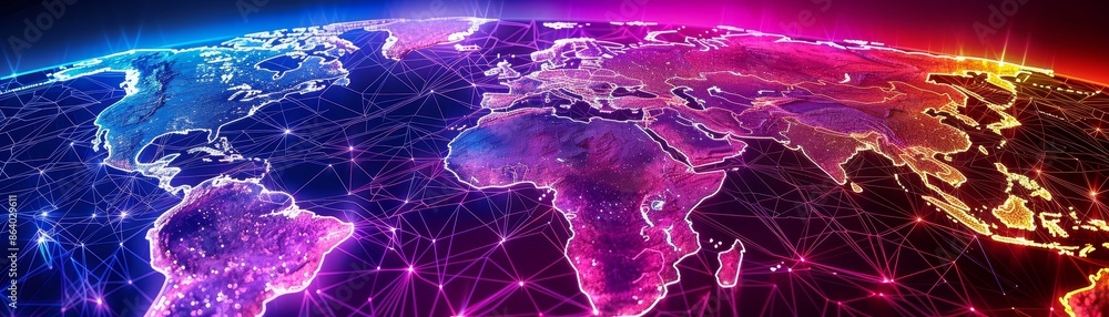 Aufkleber abstract world map with colorful glowing lines and nodes, network concept, global connectivity.