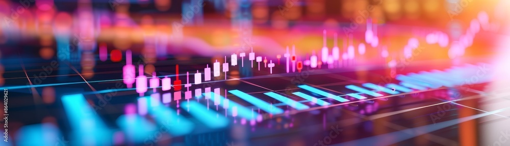 Poster abstract financial data visualization with neon lights and blurred background.