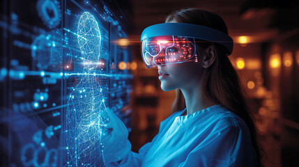 Woman Wearing VR Headset Interacts With Digital Human in a Virtual Medicine Setting