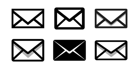 Mail icon set, various envelope designs. Ideal for email, communication, and messaging projects, black closed envelope icons, new message silhouette, mail e-mail sign or symbol. New letter black icon
