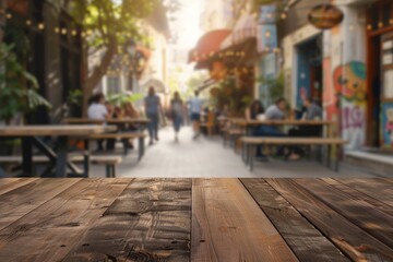 A wooden table in the foreground with a blurred background of an urban street cafe. The background features outdoor seating, pedestrians walking by, street art on nearby buildings.