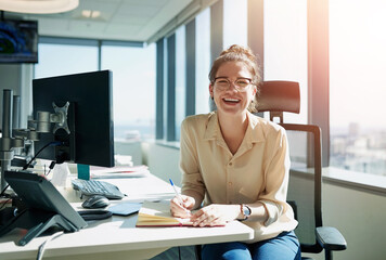 Laugh, woman and desk for notes, fun and paperwork with window in office for scheduling. Ideas,...