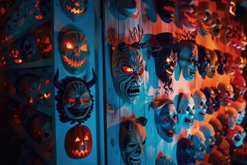 Fototapeta premium A wall displaying various Halloween masks, each with unique and frightening designs, illuminated by dim, spooky lighting