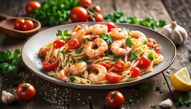 trofie pasta with shrimp tomatoes garlic and parsley
