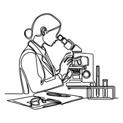 Continuous One Line Drawing of Female Scientist with Microscope - Editable Stroke  Continuous one line drawing of female scientist working using microscope. Research and science concept illustration. 