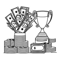 Trophy Cup and Bundles of Money Continuous Line Drawing - Editable Stroke