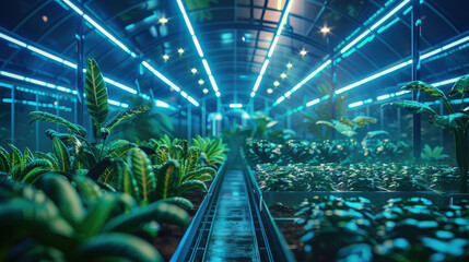 Naklejka premium A greenhouse with holographic displays of plant data, futuristic, neon lights, smart gardening.