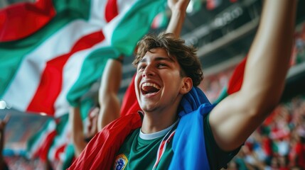 A happy fan at a public event in a stadium, holding an Italian flag with a smile and making a gesture, while enjoying the fun and leisure with a cheering crowd. AIG41