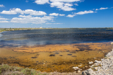 Landscape of salt ponds at Gruissan, France.
