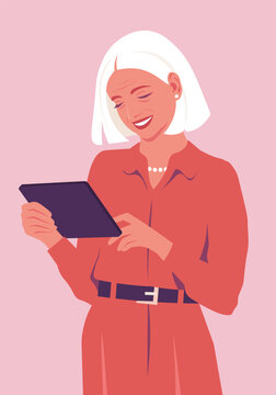 Happy elderly woman planning day with tablet. Person standing and sending messages. Smiling teacher using education app. Vector flat illustration