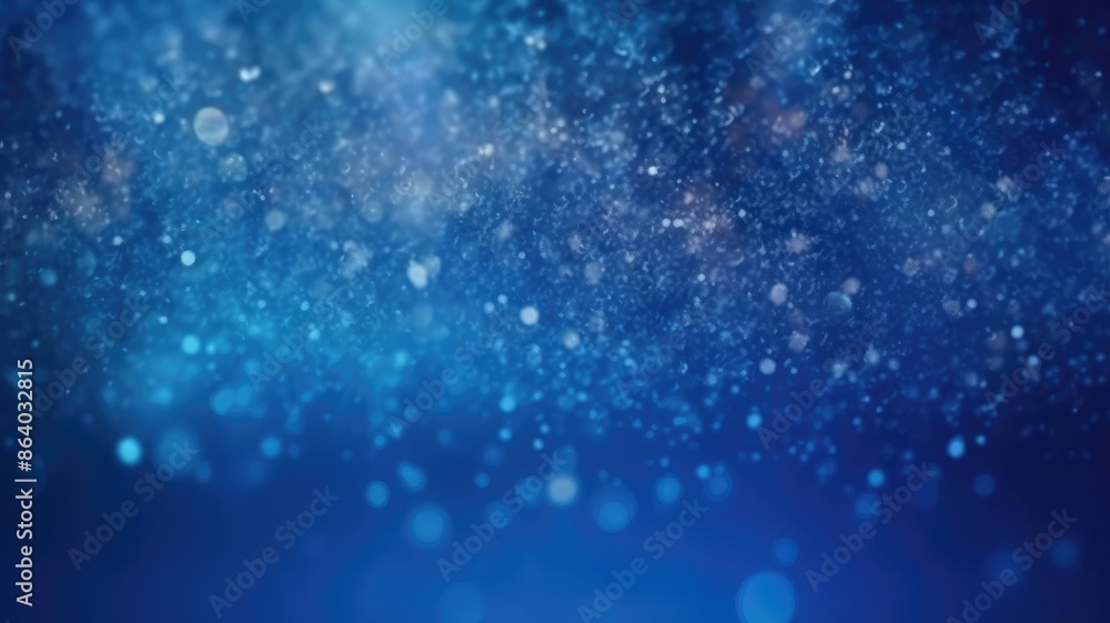Poster the picture of vague visual of sparkling particles scattered across a deep blue background, create a
