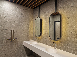 interior of public restroom with modern hand dryer