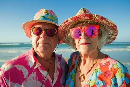 Cute and beautiful couple of seniors having fun together and enjoying their vacations at the beach - Powered by Adobe