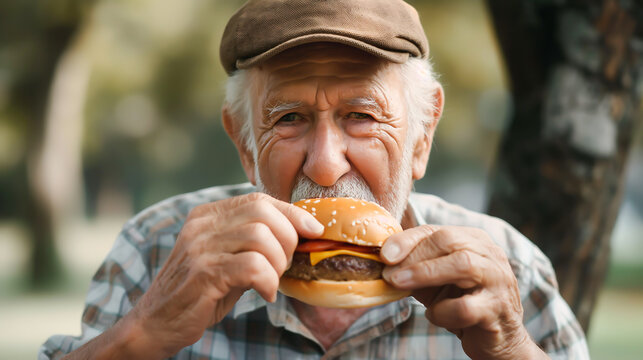 Mature senior man eating burger with satisfaction. Grandfather enjoys tasty hamburger takeaway, Delicious bite of burger, Fast food delivery while hungry