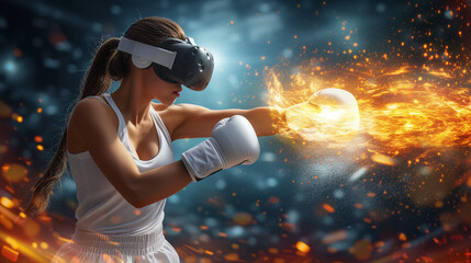Woman Wearing VR Headset Throws Fiery Punch in Boxing Match