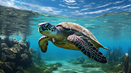 Fototapeta premium Sea turtle swimming gracefully.