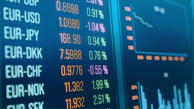 Currency rates, trading information and charts on the screen. Swiss franc, polish zloty, Norwegian krone, Swedish krona exchange rates.