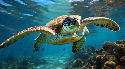 Obraz premium Sea turtle swimming gracefully.