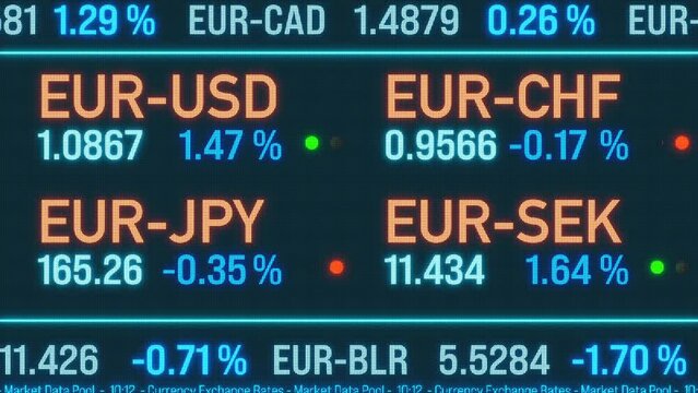 Currency exchange ticker, Euro, US dollar, Swiss franc, Japanese yen and Swedish krona rates. Currency trading, business, investment, global rates, ticker board. 