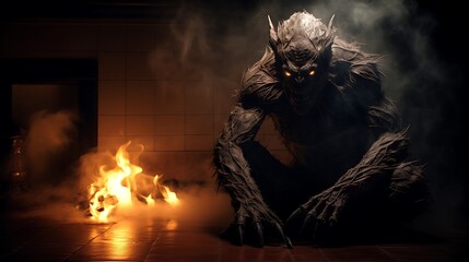  a creature with glowing eyes and horns, sitting on the ground in a dark room with flames