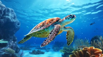 Fototapeta premium Sea turtle swimming gracefully.