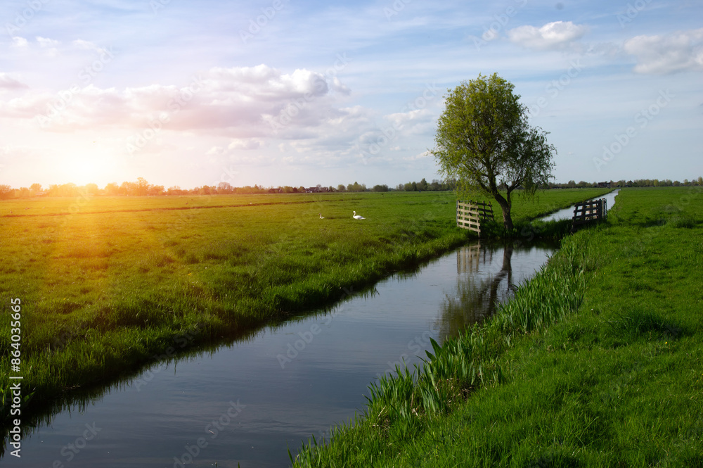 Sticker landscape green meadow and canal with clear water