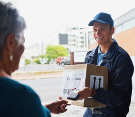 Package, delivery man and woman with credit card, payment and fintech for parcel distribution. Courier service, employee and senior customer for ecommerce, transaction and terminal machine at door