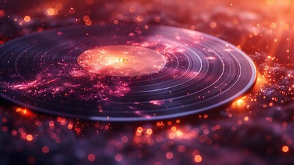 Close-up of a vinyl record with colorful, glowing galaxy design on the surface, creating a magical and nostalgic music vibe.