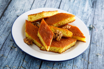 Traditional semolina cake with walnut
