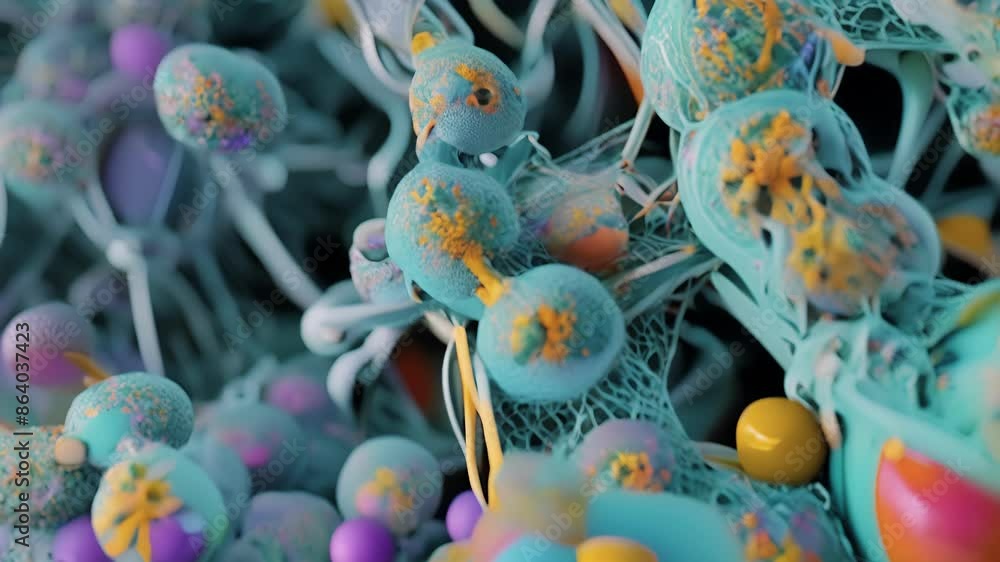 Poster an electron microscopy animation revealing a complex network of proteasomes at work within the cytop