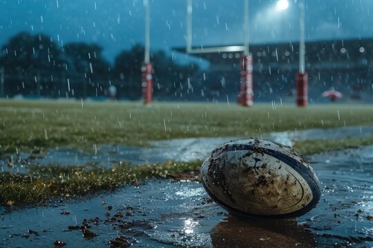 Closeup of muddy rugby ball resting on a rain-soaked field, with goalposts and a stadium in the background under heavy rain - Powered by Adobe